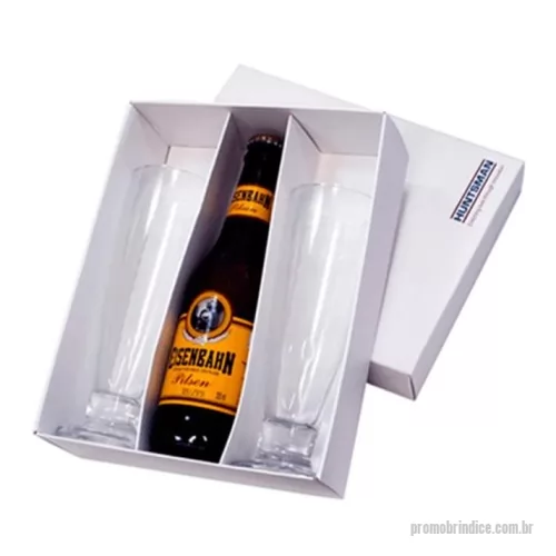 Kit cerveja personalizado - Presente especial para apreciadores de cerveja, um kit com a deliciosa cerveja Eisebahn com duas taças tulipa. Personalize a caixa e as taças com a sua marca. KIT COMPOSTO POR: 01 Garrafa de cerveja Eisenbahn 355ml 02 Tulipas de vidro 300 ml para cerveja 01 Caixa para presente * Consulte quantidade mínima