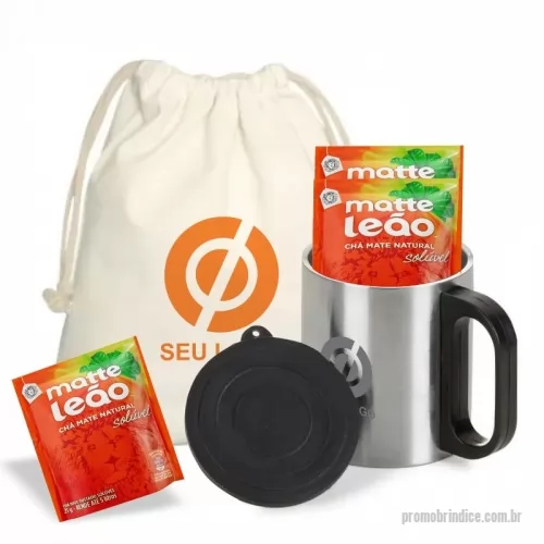 Kit chá personalizado - Kit de chá com caneca de metal com tampa plástica 180 ml + 1 saquinho de lona + 3 unidades de chá do mate leão sachê.