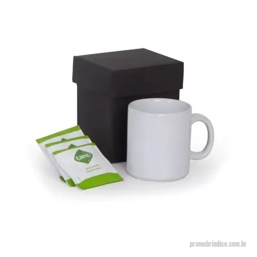 Kit chá personalizado - Kit em caixa de papel, caneca de porcelana de 200ml, 3 saches de chá Leão.