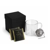 Kit chá com 1 caneca de vidro, 1 infusor e 2 sachês de chá