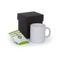 Kit em caixa de papel, caneca de porcelana de 200ml, 3 saches de chá Leão.