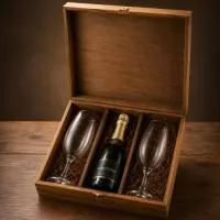 kit chandon com 2 taças e 1 baby chandon na caixa de madeira.