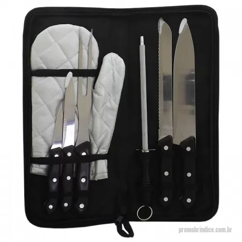 Kit churrasco personalizado - Kit churrasco 7 peças com estojo, contém: faca de legumes, faca para desossar, garfo, luva, chaira, faca de serra e faca peixeira. Estojo com alça para transporte e área interna com elástico de fixação para os utensílios.