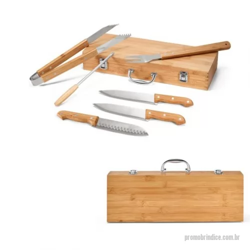 Kit churrasco personalizado - Kit churrasco em estojo de bambu. Composto por 6 peças em aço inox e bambu: faca chefe, faca média, faca japonesa, pinça, garfo e afiador. 