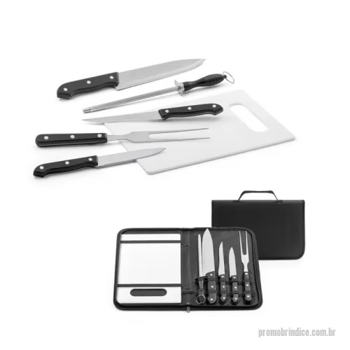 Kit churrasco personalizado - Kit churrasco em estojo de nylon 210D. Composto por tábua em PP e 5 utensílios em aço inox e PP: faca chefe, faca boning, faca pequena, garfo e afiador. Próprio para contato com alimento. Estojo: 350 x 230 x 40 mm | Tábua: 283 x 192 x 5 mm