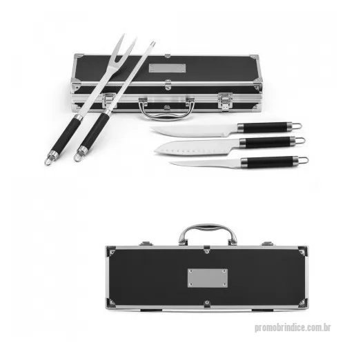 Kit churrasco personalizado - Kit churrasco em estojo de alumínio. Composto por 5 utensílios em aço inox e alumínio: faca chefe, faca japonesa, faca boning, garfo e afiador. Certificação EU Food Grade.