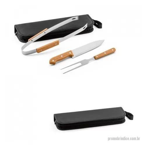 Kit churrasco personalizado - Kit churrasco em estojo de 210D. Composto por 3 utensílios em aço inox e madeira de Seringueira: faca chefe, pinça e garfo. Certificação EU Food Grade.
