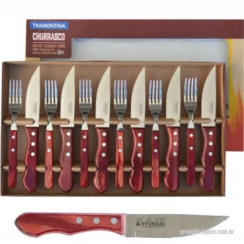Kit churrasco personalizado - Kit churrasco Tramontina em Polywood modelo jumbo. Gravação da logo a laser na lâmina das 06 facas. Um presente tradicional, útil e extremamente durável, garantindo a visibilidade da sua marca por muitos anos.