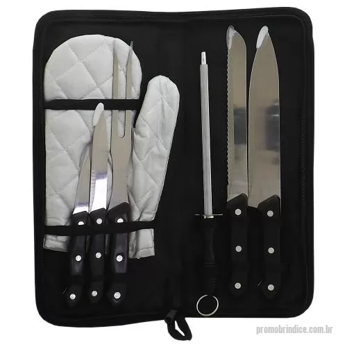 Kit churrasco personalizado - Kit churrasco 7 peças com estojo, contém: faca de chef, faca para desossar, faca de serra, faca de legumes, garfo, chaira e luva. Estojo com alça para transporte e área interna com elástico de fixação para os utensílios.