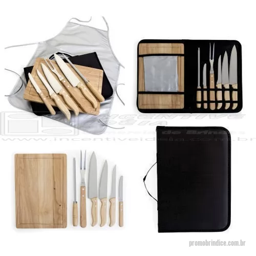 Kit churrasco personalizado - Kit para Churrasco cabo em Bambu, laminas em aço Inox com avental. Acompanha tábua em Bambu, 3 facas de corte e uma de serra cabo de bambu/Inox, chaira, garfo em Bambu/Inox, e avental com bolso na cor prata. Acomodados em uma maleta em náilon preta, costura com zíper . Tábua confeccionada, para dar maior durabilidade e não deformar com o passar do tempo. Rebites em Aço Inox, um dos mais resistentes à ferrugem e corrosão.