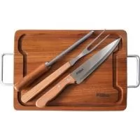 kit churrasco 04 peças com faca e garfo Tramontina, tábua com sulco e chaira. Gravação da logo a laser na tábua e na faca. Acompanha embalagem para presente. Despachamos com frete pago para todo o Brasil.