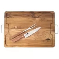 Tábua para churrasco com alça, 36 cm X 50 cm, faca e garfo Tramontina. Gravação da logo a laser na faca e na tábua. Acompanha embalagem para presente. Despachamos com frete pago para todo o Brasil.