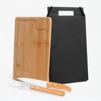 Kit Para Churrasco Em Bambu 3pç , tabua, faca e garfo