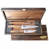 Estojo de madeira envelhecida com faca peixeira 7", faca serra 5" e garfo trinchante. Gravação da logo a laser no estojo e nas duas facas. acompanha embalagem para presente. Despachamos com frete pago para Sul e Sudeste.