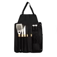 Kit churrasco 8 peças em estojo de nylon. Contém espátula, garfo, faca, pegador, saleiro, paliteiro, luva e avental (também utilizado como estojo). Talheres de inox com acabamento de madeira e avental de nylon com alça ajustável ? possui botão e alça