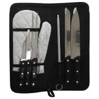 Kit churrasco 7 peças com estojo, contém: faca de chef, faca para desossar, faca de serra, faca de legumes, garfo, chaira e luva. Estojo com alça para transporte e área interna com elástico de fixação para os utensílios.