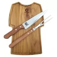 Kit churrasco faca e garfo Tramontina + tábua formato camiseta. Gravação indelével da logo a laser na faca e na tábua. Despachamos com frete pago para Sul, Sudeste e Centro Oeste.
