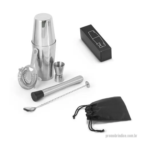 Kit coquetel personalizado - Set de cocktail com 6 peças em aço inoxidável: um shaker (600 + 450 ml), um copo dosador (30 ml), uma colher, um pilão e um coador. Inclui uma bolsa em non-woven. Fornecido em caixa presente. 