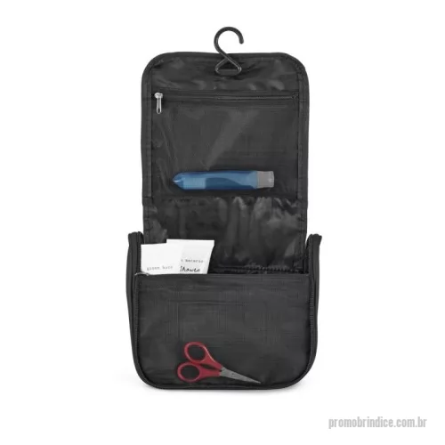 Kit cosmético personalizado - Bolsa de cosméticos em microfibra com vários bolsos interiores e gancho de pendurar. 200 x 160 x 85 mm