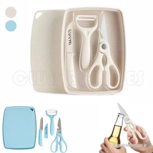 Kit cozinha personalizado - Kit Cozinha 3 Peças em plástico de palha de trigo e inox. Contém tesoura culinária, faca com protetor e descascador de legumes. Acompanha bandeja e tampa, podendo ser utilizada como recipiente e tábua para corte. Gravação da logomarca em 1 cor já inclusa.