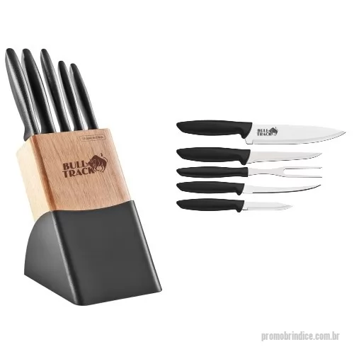 Kit cozinha personalizado - Cepo para facas Tramontina contendo 04 facas cabo de polipropileno e um garfo trinchante. Gravação indelével da logo a laser no cepo e na faca de 7”. Despachamos com frete pago para regiões Sul, Sudeste e Centro Oeste