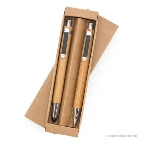Kit ecológico personalizado - Kit ecológico caneta e lapiseira em bambu com estojo de papelão. Caneta bambu com clip metálico e possui borracha touch na parte inferior, quando aciona a esferográfica  clique  ela sai através do touch. Lapiseira bambu com clipe metálico, aciona por
