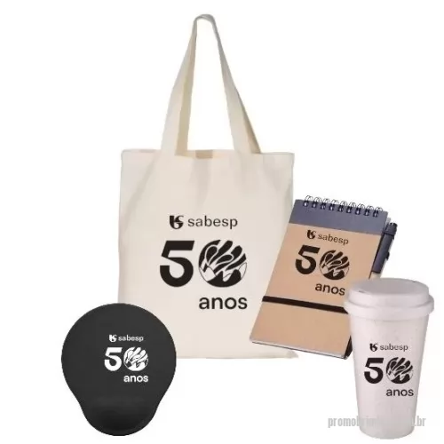 Kit ecológico personalizado - 1 Sacola de algodão com alças costuradas na parte interna. Altura :38,5 cm X Largura :33,3 cm 1 Mouse Pad Ergonômico 1 Bloco de Anotações Ecológico com Caneta 1 Copo Fibra de Arroz 550ml