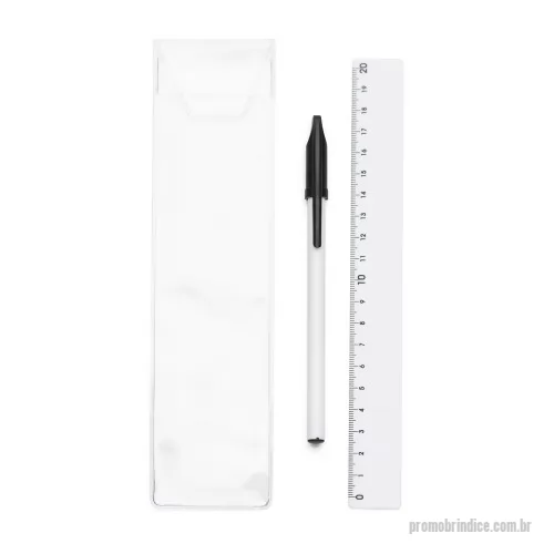 Kit escolar personalizado - Kit régua e caneta plástica em estojo plástico transparente. Caneta simples com tampa e régua de 20cm.