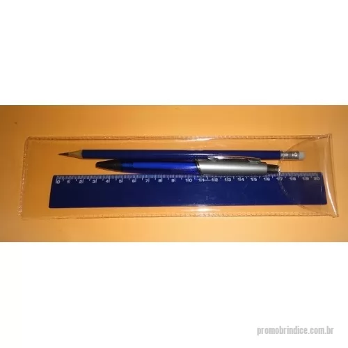 Kit escolar personalizado - Estojo em pvc cristal com aba, caneta, régua e lápis 