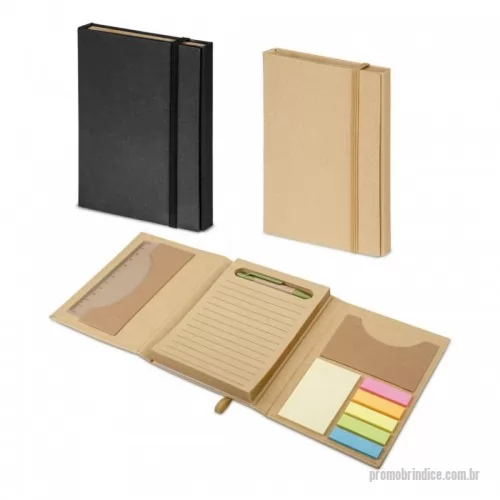 Kit escritório personalizado - Kit para escritório em cartão. Composto por caderno (80 folhas pautadas em papel reciclado), 6 blocos adesivados (25 folhas cada), 1 régua de 12 cm, 1 esferográfica em papel kraft e suporte para cartões de visita. 110 x 153 mm. Cores Disponíveis: Kraft e Preto