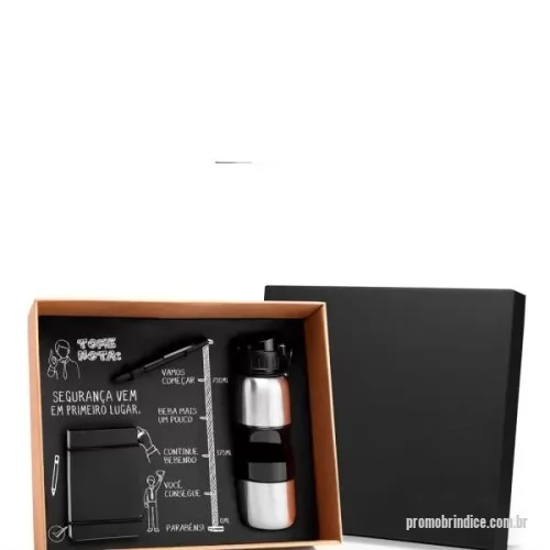 Kit escritório personalizado - Kit Escritório Com Squeeze, Bloco De Anotações E Caneta. Squeeze confeccionado em plástico SAN e revestido em aço inox escovado. Possui tampa rosqueável abre e fecha com mola e botão com trava. Conta também com prático copo rosqueável na parte inferior de 200ml. Bloco com 100 folhas e caneta em ABS preta e ponteira touch em silicone preto. Carga esferográfica azul.