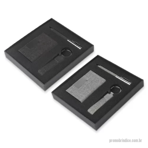 Kit escritório personalizado - Kit Escritório de metal com detalhes em PET Reciclado, contendo:  1 Chaveiro em metal; 1 Caneta Metálica; 1 Porta Cartão.  Acompanha berço com espuma.