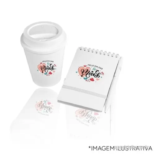 Kit escritório personalizado - O Kit Escritório é um brinde corporativo prático e higiênico, ideal para o ambiente de trabalho. Inclui um bloco de anotações de 14,8x10,5cm, uma caneta plástica retrátil e um copo plástico de 350ml com tampa, todos em material antibacteriano. Personalize com sua logo para um presente funcional e sofisticado.