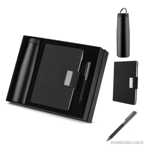 Kit escritório personalizado - Conjunto composto por caderno em material RPET com fechamento magnético,com 100 páginas, caneta modelo twist com detalhe em tecido RPET preto e garrafa de parede dupla em inox (304 interno e 201 externo), com capacidade de 550ml. Acompanha caixa presenteável.