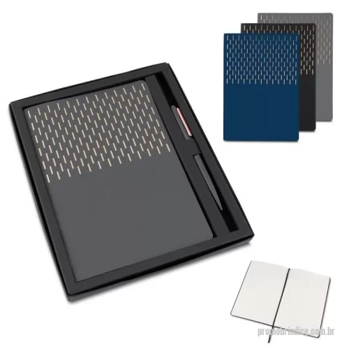 Kit escritório personalizado - Conjunto composto por caderno com capa em PU com detalhe de gravação dourada, contendo 80 folhas pautadas em papel 70g/m², possui caneta modelo twist em alumínio reciclado na cor do caderno, com acabamento em detalhe rosê, possui estojo em papelão na cor preta.