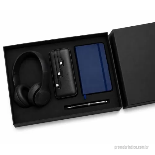 Kit escritório personalizado - Kit escritório em caixa de papel com 1 fone de ouvido bluetooth, POWERBANK, moleskine e caneta