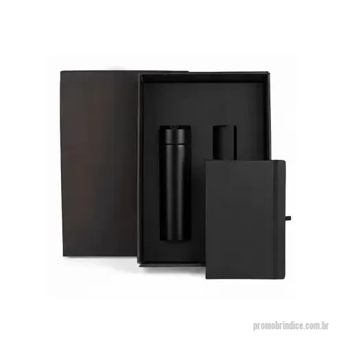 Kit escritório personalizado - Kit escritório personalizado em caixa de papel, acompanha garrafa térmica de 450ml com LED na tampa e caderneta de 80 folhas. Personalização nos produtos e na tampa da caixa