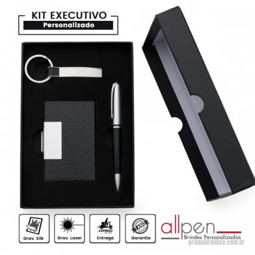 Kit executivo personalizado - Kit executivo Personalizado 1988 com sua logomarca. 20 anos ajudando a cotar Brindes Promocionais com várias empresas num único clique. Kit executivo 3 peças em estojo de papelão com tampa e parte interna revestida de espuma. Contém: chaveiro metal fosco com detalhe emborrachado preto, porta cartão de couro sintético(verso metálico liso) com placa de metal e caneta metal fosca com detalhe emborrachado preto.Kit executivo 3 peças em estojo de papelão com tampa e parte interna revestida de espuma. Contém: chaveiro metal fosco com detalhe emborrachado preto, porta cartão de couro sintético(verso metálico liso) com placa de metal e caneta metal fosca com detalhe emborrachado preto.Kit executivo Personalizado, 109776, Allpen. Clique e Cote no Portal PromoBríndice!