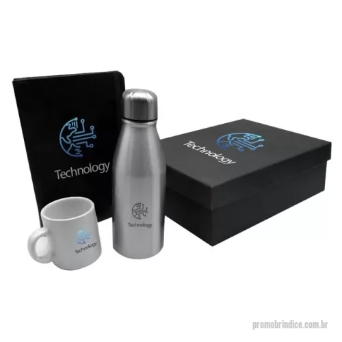 Kit executivo personalizado - kit executivo com 1 garrafa de inox de 500 ml + 1 xícara em cerâmica com 180 ml + 1 caderneta 14x21 cm + 1 caixa rígida para presente no tamanho 18x26x8,5 cm.