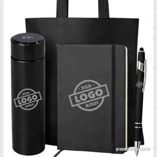 Kit executivo personalizado - Kit Executivo - Caderneta Tipo  Moleskine - Caneta Metalica - Garrafa Termica com sensor -  Tudo personalizado.