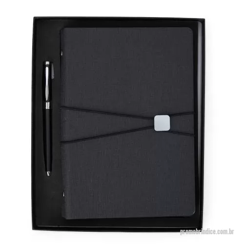 Kit executivo personalizado - Kit executivo: caneta metálica 1.0mm preta e caderno fichário ~96 folhas removíveis, 6 anéis, capa dura em couro sintético.