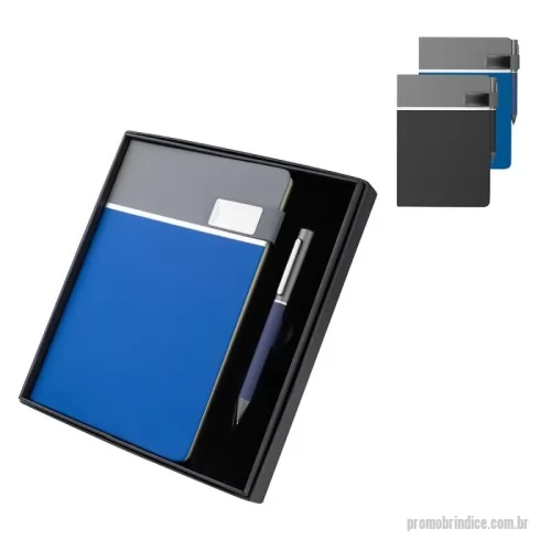 Kit executivo personalizado - Kit escritório contendo caderno A5 com capa dura em PU cinza com detalhes em PU colorido e linhas prateadas, 80 folhas pautadas em papel 70g/m², fechamento magnético com placa metálica e caneta metálica na cor do produto. Acompanha estojo presenteável.
