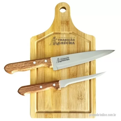 Kit faca personalizado - Kit facas corte e desossa Tramontina + tábua de bambu. Gravação da logo a laser na faca corte e na tábua. Acompanha embalagem para presente.