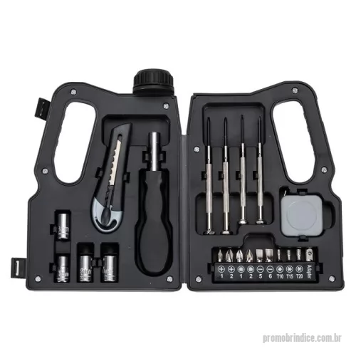 Kit feminino personalizado - Kit Ferramentas 21 peças com estojo em formato de galão de óleo. Material Plástico resistente com detalhes em relevo, possui duas travas de abertura e acompanha: estilete, chave, canhão, 4 entensores bocais (7MM, 8MM, 9MM e 10MM), 2 Mini Chaves de fenda, 2 Mini Chaves Phillips e Conjunto de 10 pontas.