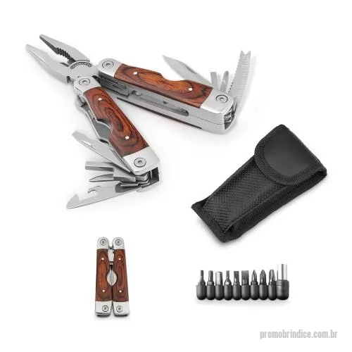 Kit ferramenta personalizado - Alicate dobrável com ferramentas multifunções em aço inox e madeira, com 20 funções. Fornecido em bolsa em poliéster. 