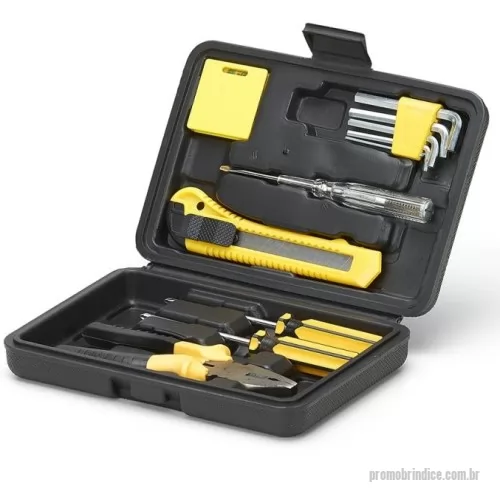 Kit ferramenta personalizado - Kit ferramenta 11 peças em estojo plástico. Maleta plástica com detalhe retangular no centro frontal e verso com o detalhe na lateral inferior, possui texturização no estojo e uma trava superior. Acompanha: conjunto de 5 chaves Allen, fita métrica de 1 metro, chave teste, estilete, chave Philips, chave de fenda e alicate.