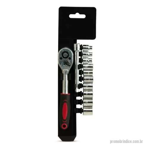 Kit ferramenta personalizado - Kit ferramenta com 12 peças em estojo plástico. Contém: 1 chave catraca, 1 chave extensora e 10 soquetes. 