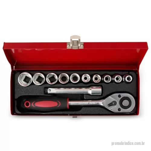 Kit ferramenta personalizado - Kit ferramenta com 12 peças em estojo metálico. Contém: 1 chave catraca, 1 chave extensora e 10 soquetes