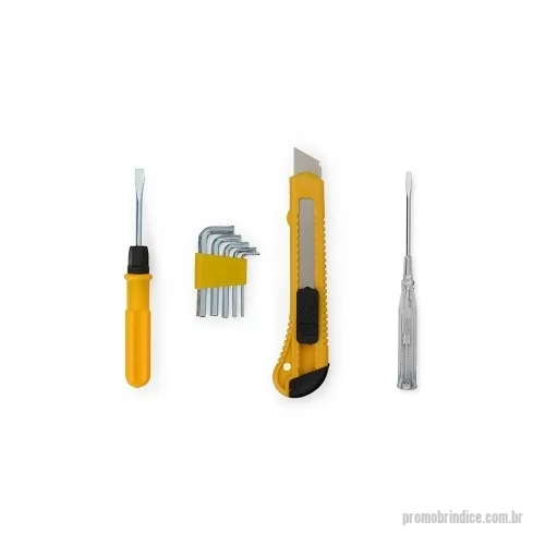 Kit ferramenta personalizado - Este kit de ferramentas foi desenvolvido para tornar o seu dia a dia mais prático, ajudando você nos pequenos reparos com agilidade e eficiência. Com estilete, chave de fenda teste, chave Phillips e jogo de chaves Allen com 5 tamanhos, ele oferece tudo o que você precisa para lidar com imprevistos de forma rápida. Seu acabamento em plástico resistente garante maior durabilidade, proporcionando a confiança necessária para resolver qualquer situação.