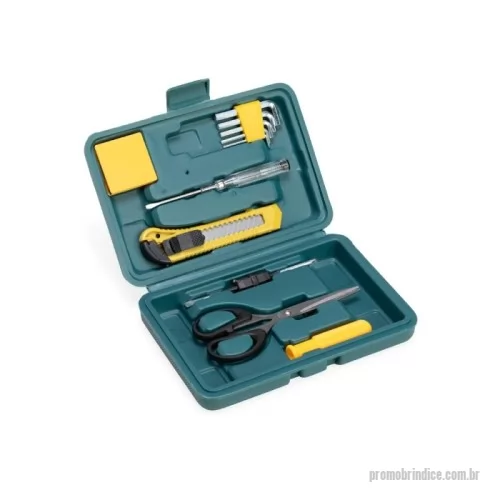 Kit ferramenta personalizado - Kit Ferramentas com 11 peças em estojo de polietileno com trava de segurança. Acompanha: conjunto de 5 chaves Allen, chave teste, trena de 1 metro, estilete, chave dupla (Phillips e Fenda), tesoura e cabo plástico para encaixe da chave dupla.